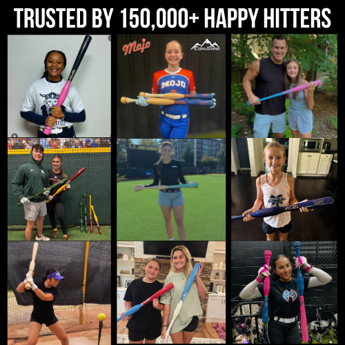 Collage of softball players posing with CamWood bats under a Trusted by 150,000+ Happy Hitters headline