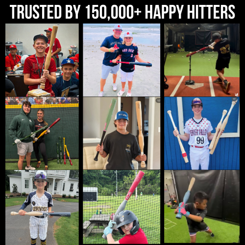 Grid of young baseball players holding CamWood bats under a Trusted by 150,000+ Happy Hitters headline