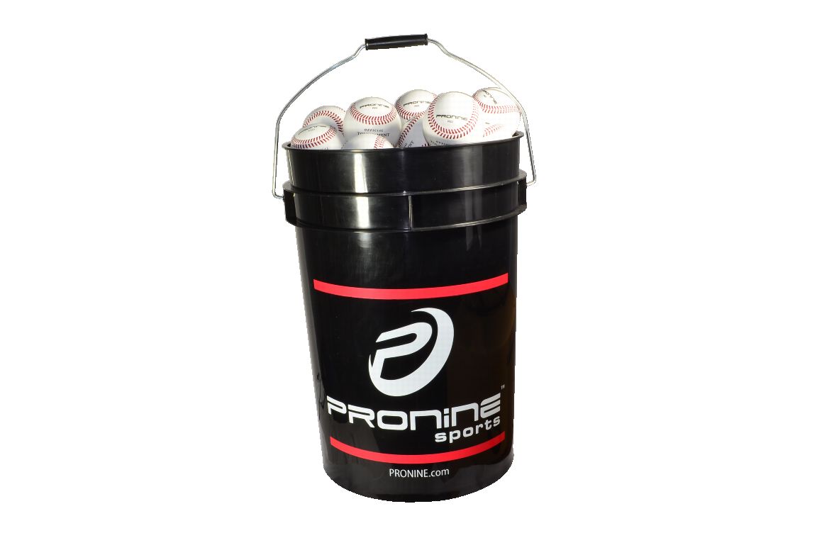 An open ProNine baseball bucket filled with white baseballs with red stitching.