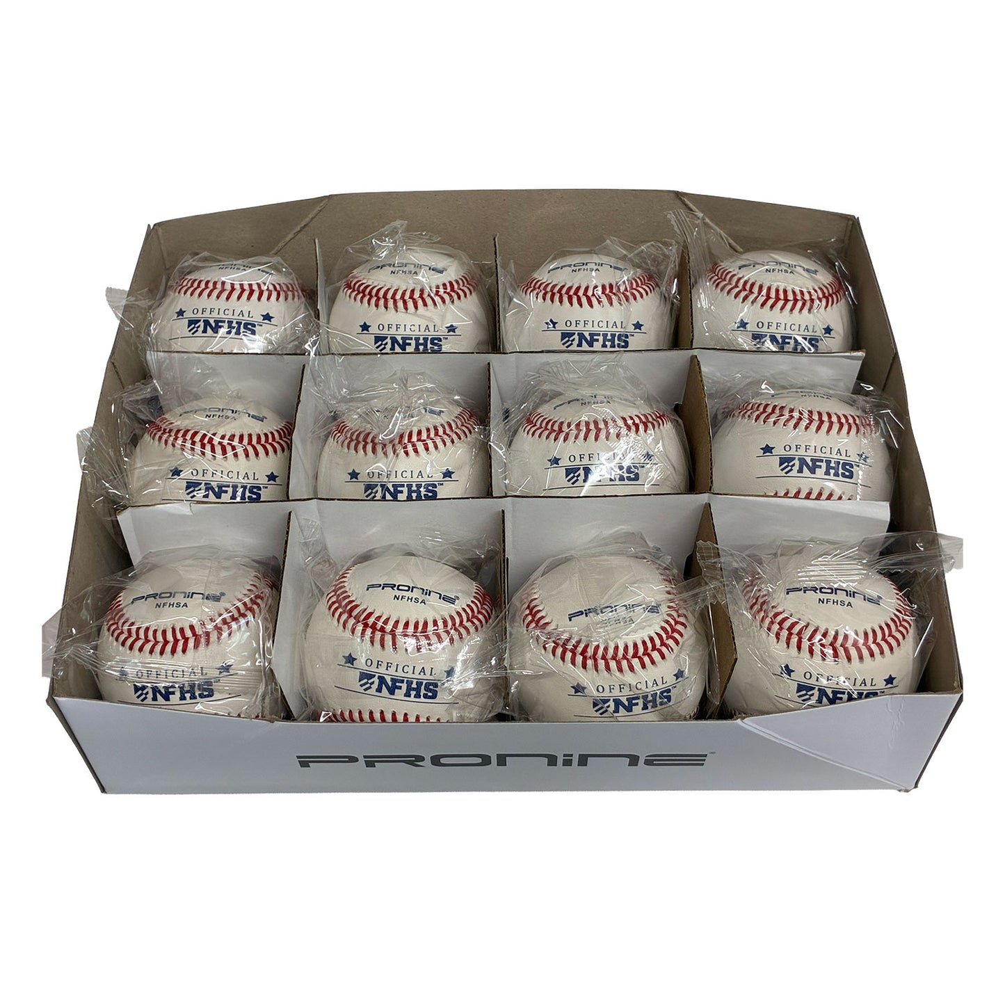 A box of 12 official NFHS baseballs, each individually wrapped in clear plastic and arranged in a grid inside a white cardboard display box. The baseballs are white with red stitching and feature blue 'OFFICIAL NFHS' and 'Pronine' logos.