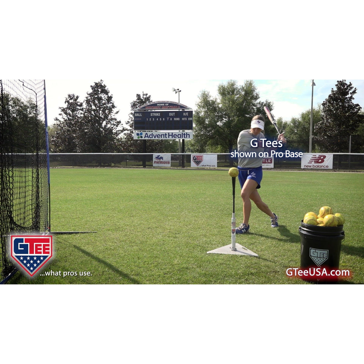 A player using the G Tee Pro Batting Tee on a practice field, with G Tee branding across the frame.