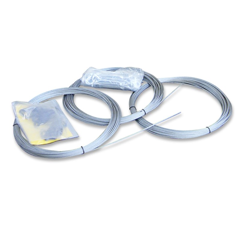 The JUGS Indoor Installation Kit with coiled aircraft cables, snap rings and hardware, photographed on a white background.