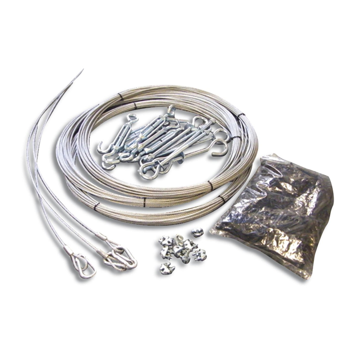 The JUGS Outdoor Installation Kit with aircraft cables, turnbuckles, eye bolts, clamps and hardware, photographed on a white background.