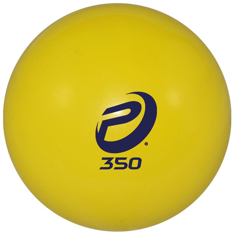 A yellow ProNine 12 oz weighted sand ball marked 350