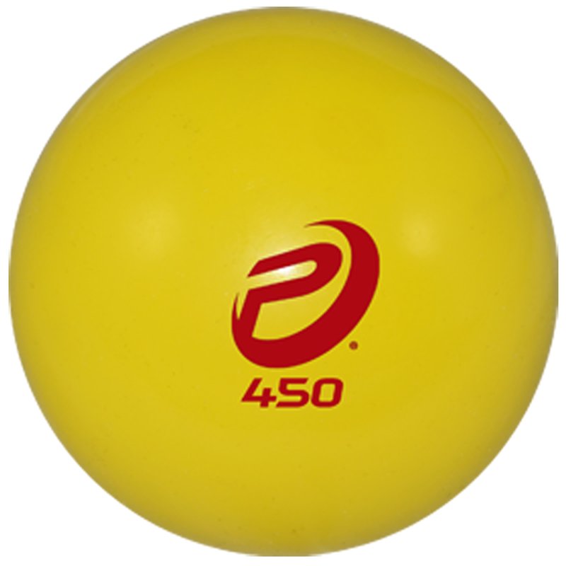 A yellow ProNine 16 oz weighted sand ball marked 450