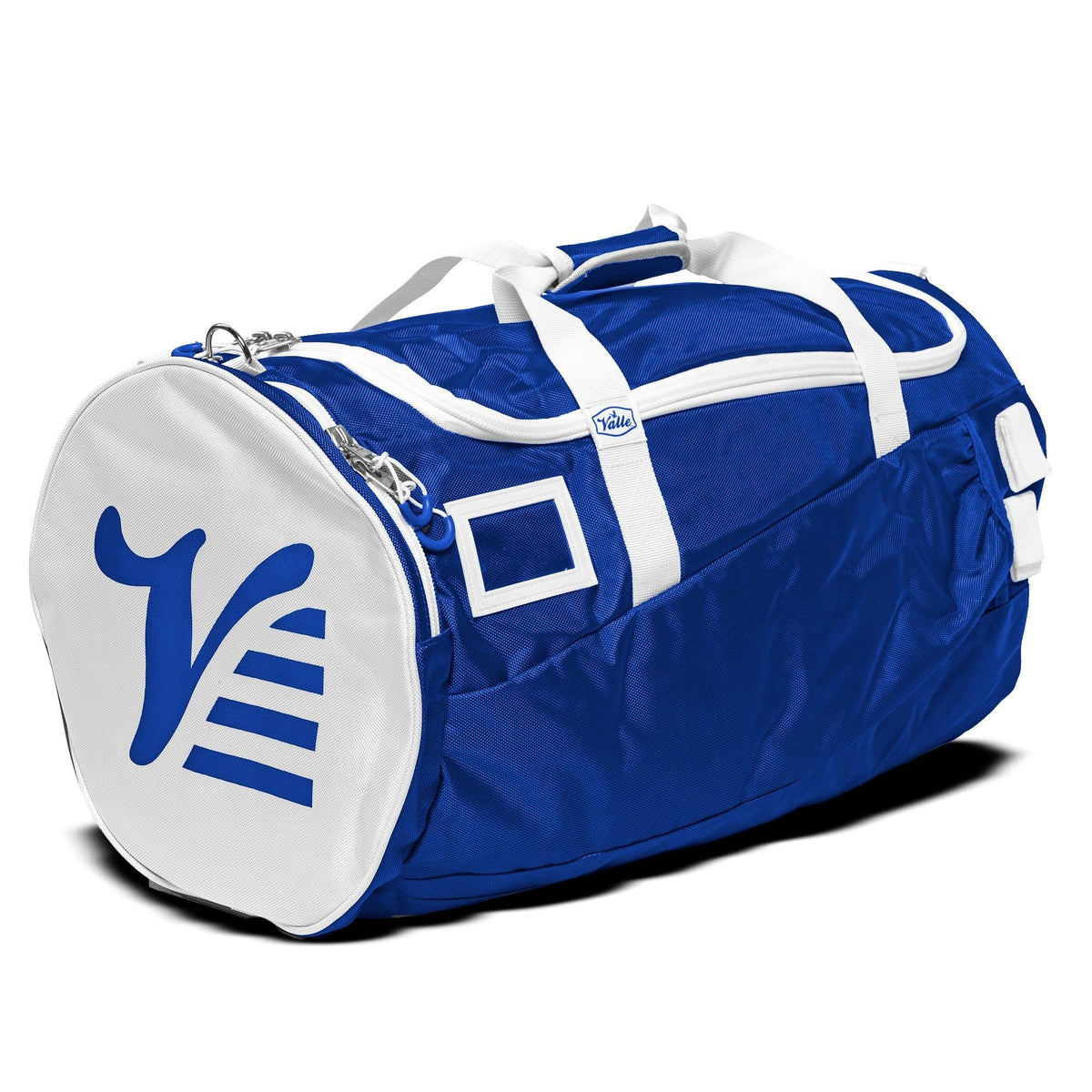 Royal blue Valle Eagle Players Duffle Bag, three quarter studio view with white end cap and straps