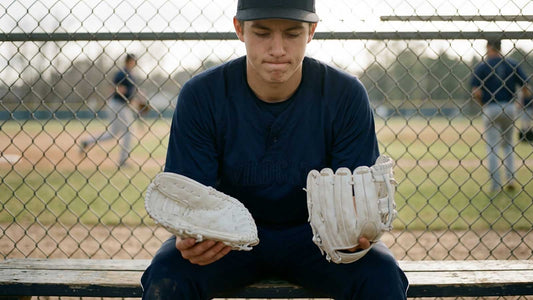 A high school baseball player in a navy Wildcats jersey sits on a dugout bench, looking down at two white training gloves, one held in each hand
