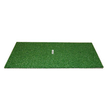 A green artificial turf golf hitting mat with a small white rubber tee in the middle, on a white background.
