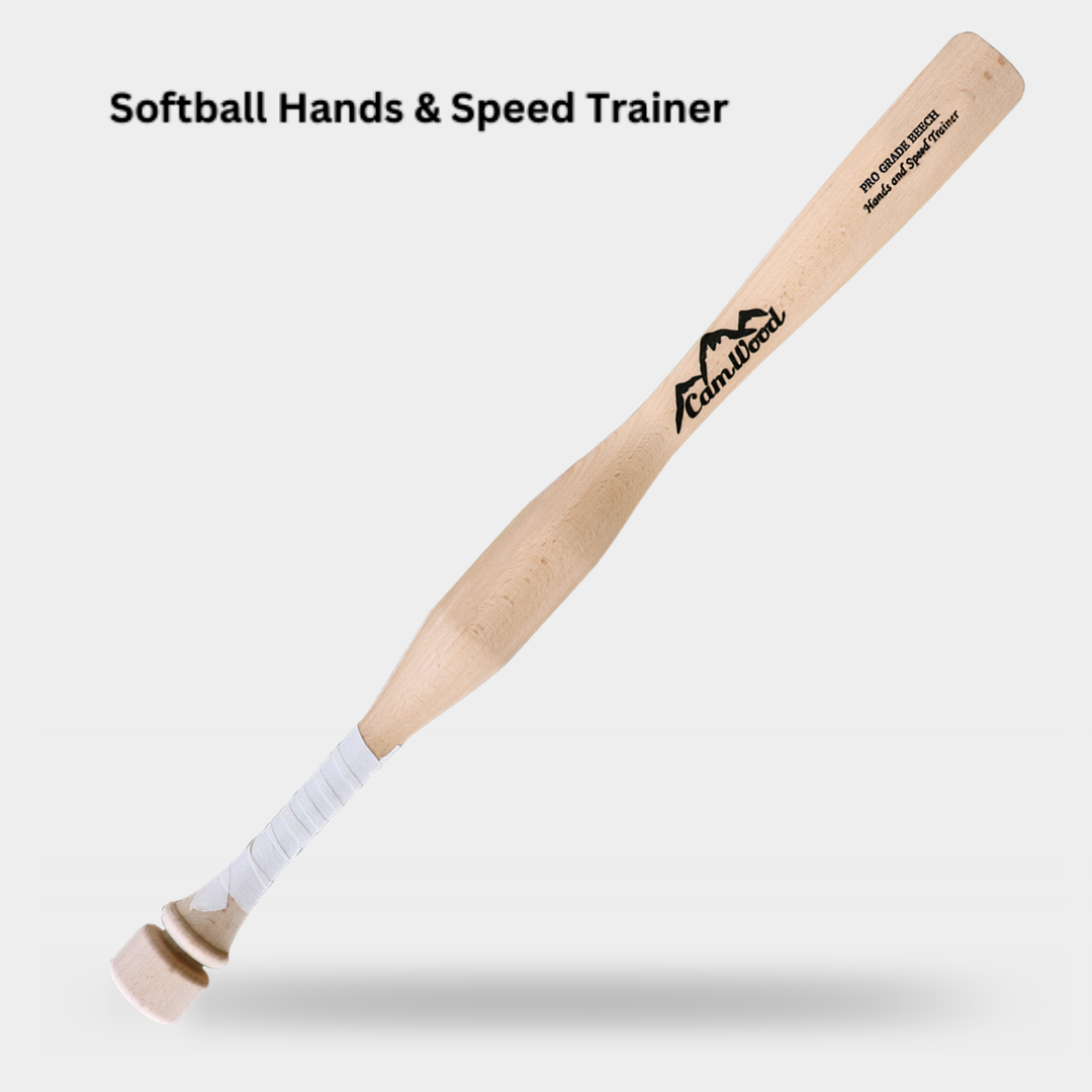 Natural wood CamWood Softball Hands and Speed Trainer with a thick weighted handle section and white grip tape