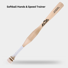 Natural wood CamWood Softball Hands and Speed Trainer with a thick weighted handle section and white grip tape