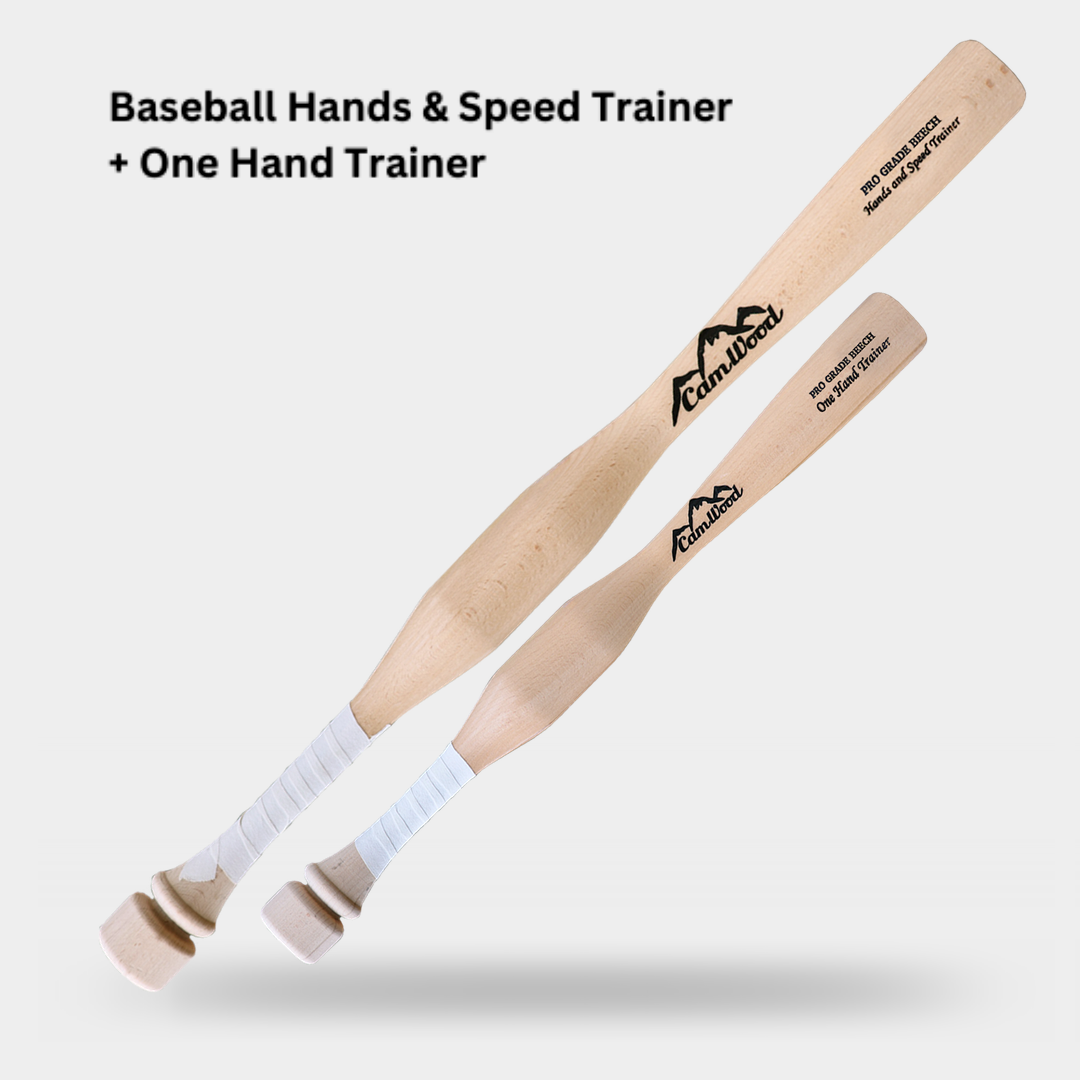 CamWood Baseball Hands and Speed Trainer and One Hand Trainer side by side, both natural wood with white grip tape