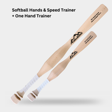 CamWood Softball Hands and Speed Trainer and One Hand Trainer side by side, both natural wood with white grip tape