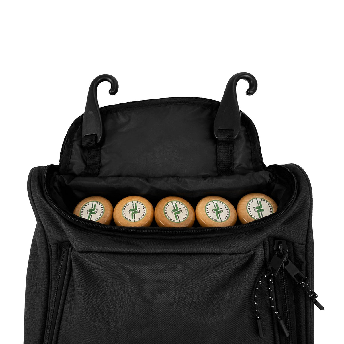 The open top of a black bat bag with five bat knobs lined up inside a compartment and two black hooks rising from the top edge, on a white background.