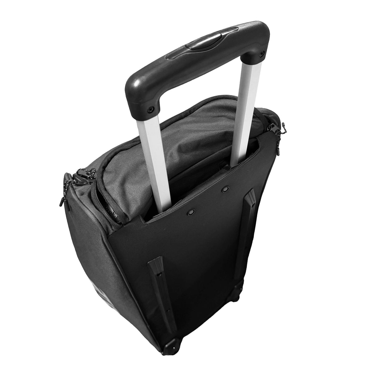 A black rolling bat bag stood on end with its silver telescoping pull handle extended and the top zipper open to show a gray lining.