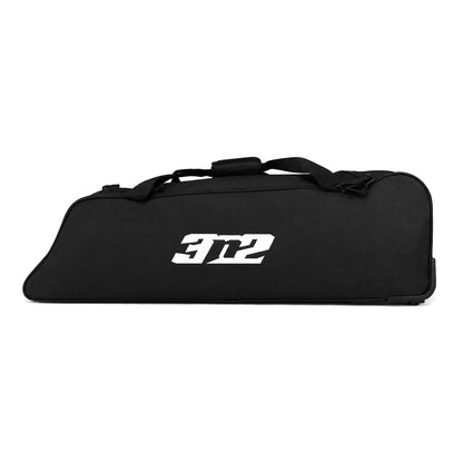A black wheeled bat bag shown from the side, with a white 3N2 logo on the panel, a padded carry handle on top and wheels at the back end, on a white background.
