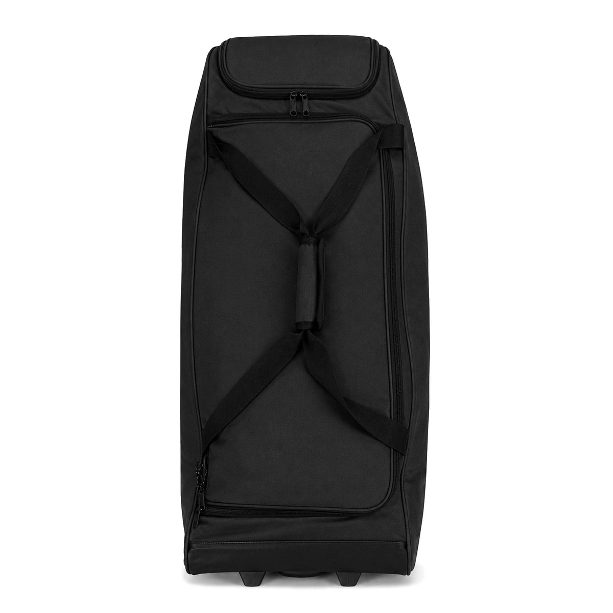 Top-down view of a black rolling bat bag with black straps crossing over the main compartment and a zippered pocket at one end, on a white background.
