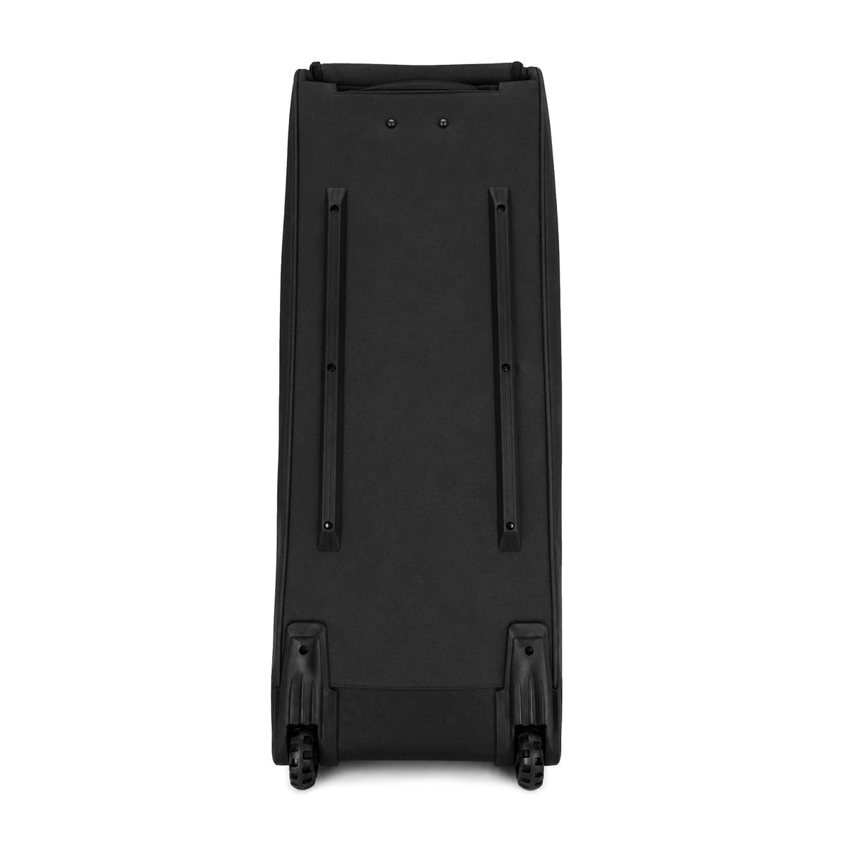 The underside of a black rolling bat bag, showing two long protective rails running its length and a pair of wheels at one end, on a white background.