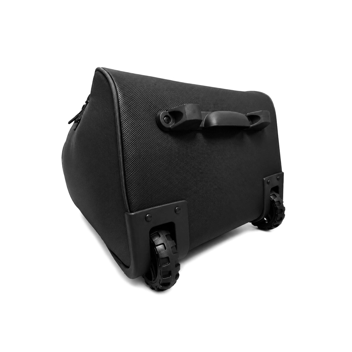 Close-up of the wheeled end of a black bat bag, showing two rubber all-terrain wheels set in a hard black base with a molded grab handle above them.