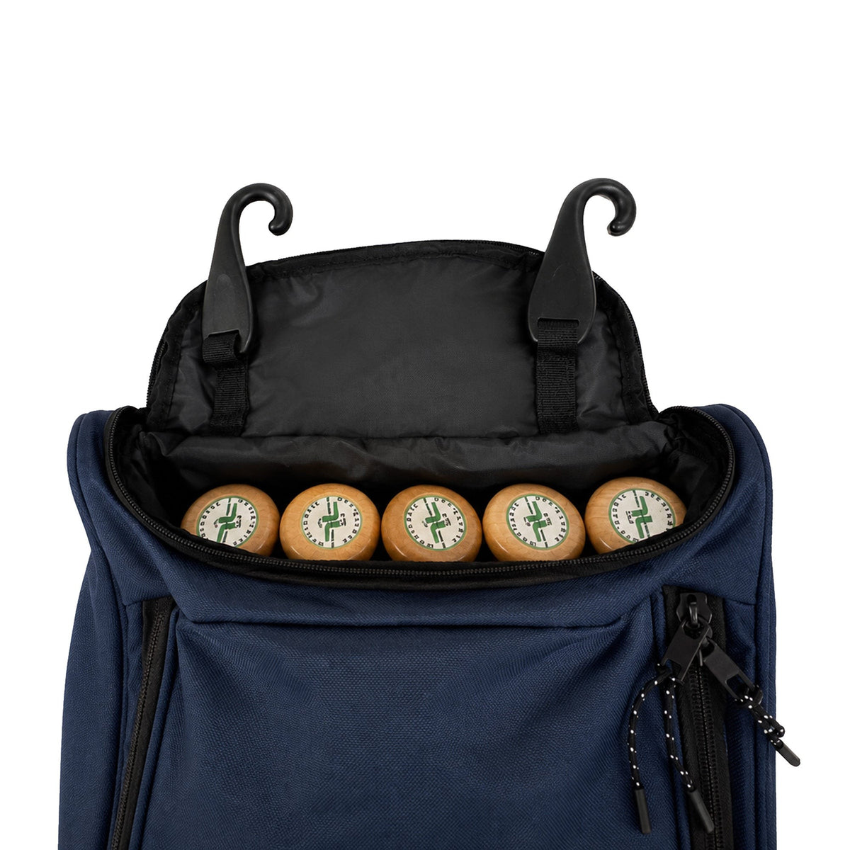 The open top of a navy blue bat bag with five bat knobs lined up inside a black compartment and two black hooks rising from the top edge, on a white background.