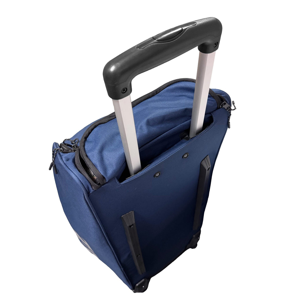 A navy blue rolling bat bag stood on end with its silver telescoping pull handle extended and the top zipper open to show a lighter blue lining.