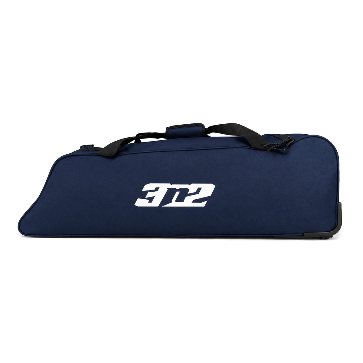 A navy blue wheeled bat bag shown from the side, with a white 3N2 logo on the panel, a black carry handle on top and wheels at the back end, on a white background.