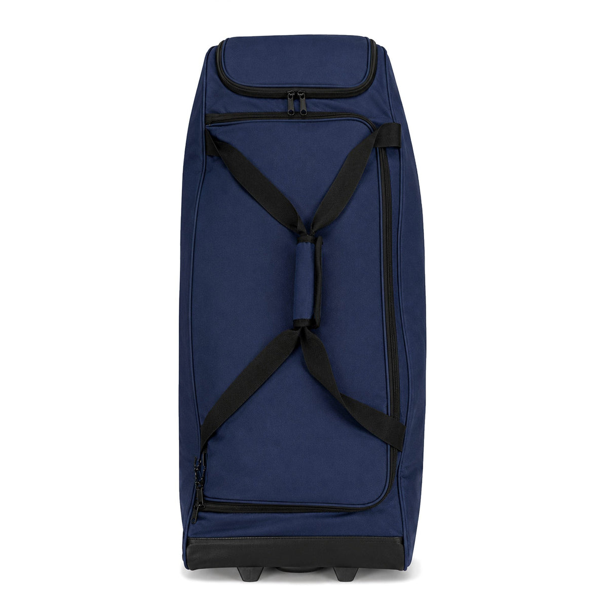 Top-down view of a navy blue rolling bat bag with black straps crossing over the main compartment and a zippered pocket at one end, on a white background.