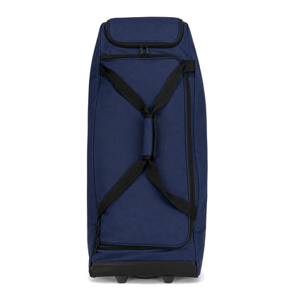 Top-down view of a navy blue rolling bat bag with black straps crossing over the main compartment and a zippered pocket at one end, on a white background.