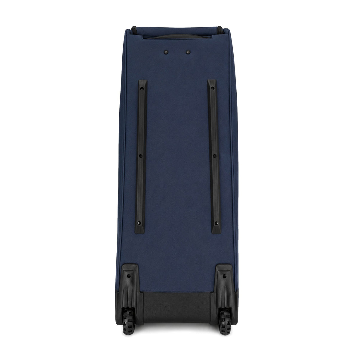 The underside of a navy blue rolling bat bag, showing two long black protective rails running its length and a pair of wheels at one end, on a white background.