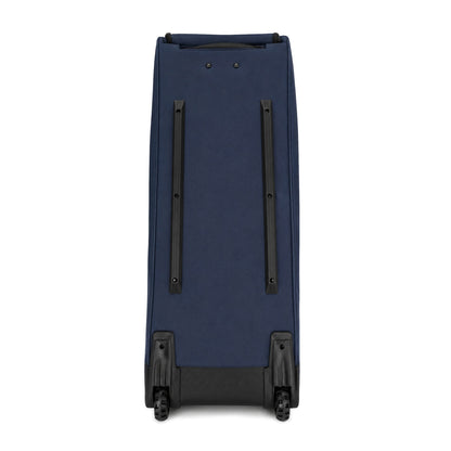 The underside of a navy blue rolling bat bag, showing two long black protective rails running its length and a pair of wheels at one end, on a white background.