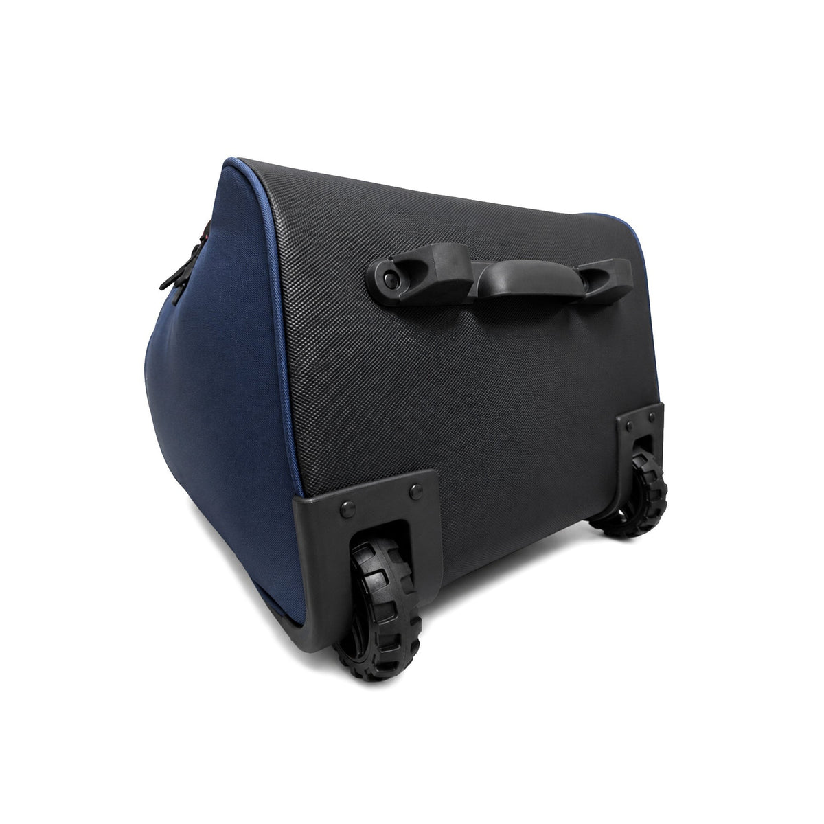 Close-up of the wheeled end of a navy blue bat bag with a black top panel, showing two rubber all-terrain wheels set in a hard black base.