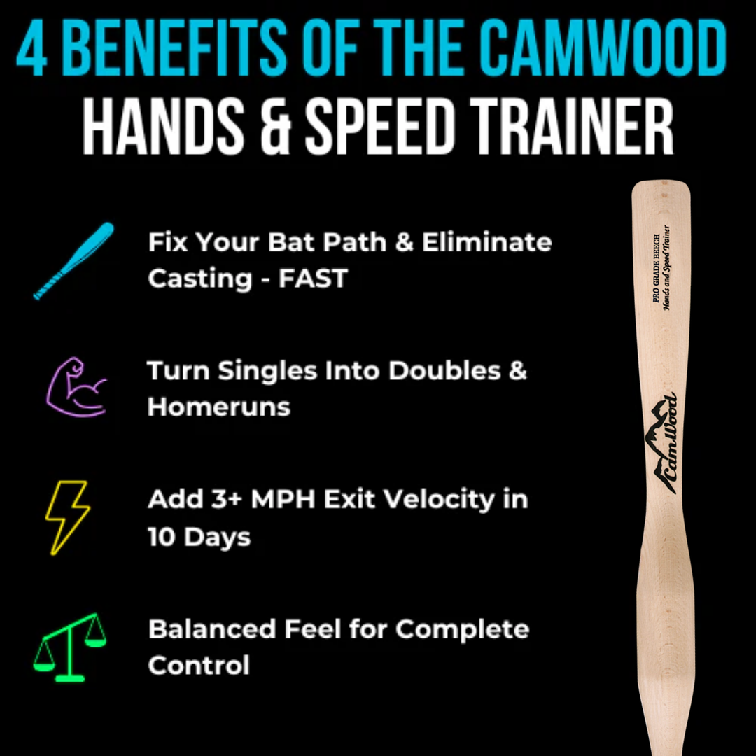 Graphic listing four benefits of the CamWood Hands and Speed Trainer beside a natural wood trainer on a black background