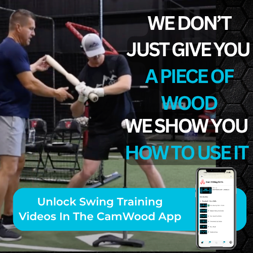 Coach working with a hitter in a batting cage next to a phone showing swing training videos in the CamWood app