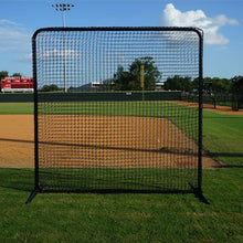 Varsity 7x7 protective field screen with black steel frame on an infield