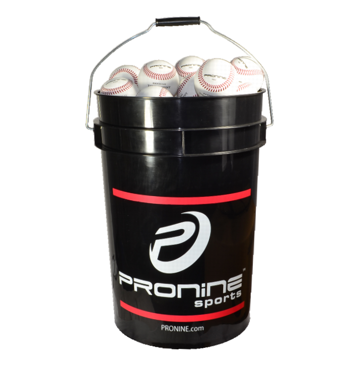 A black six gallon ProNine bucket with a padded black lid and metal carry handle on a white background.