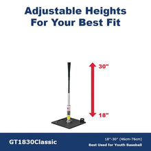 An infographic showing the GT1830 Classic upright with its 18 to 30 inch range marked by a red arrow.