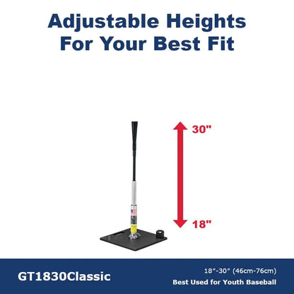 An infographic showing the GT1830 Classic upright with its 18 to 30 inch range marked by a red arrow.