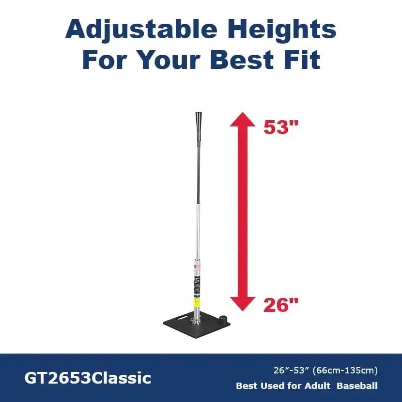 An infographic showing the GT2653 Classic upright with its 26 to 53 inch range marked by a red arrow.