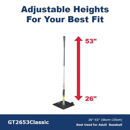 An infographic showing the GT2653 Classic upright with its 26 to 53 inch range marked by a red arrow.