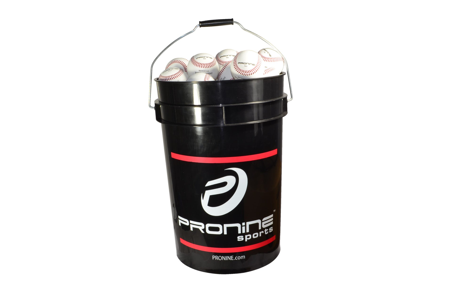 An open ProNine baseball bucket filled with white leather baseballs with red stitching.