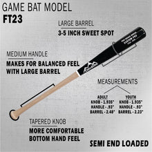 Diagram of the CamWood FT23 game bat labeling the large barrel, medium handle, tapered knob and measurements