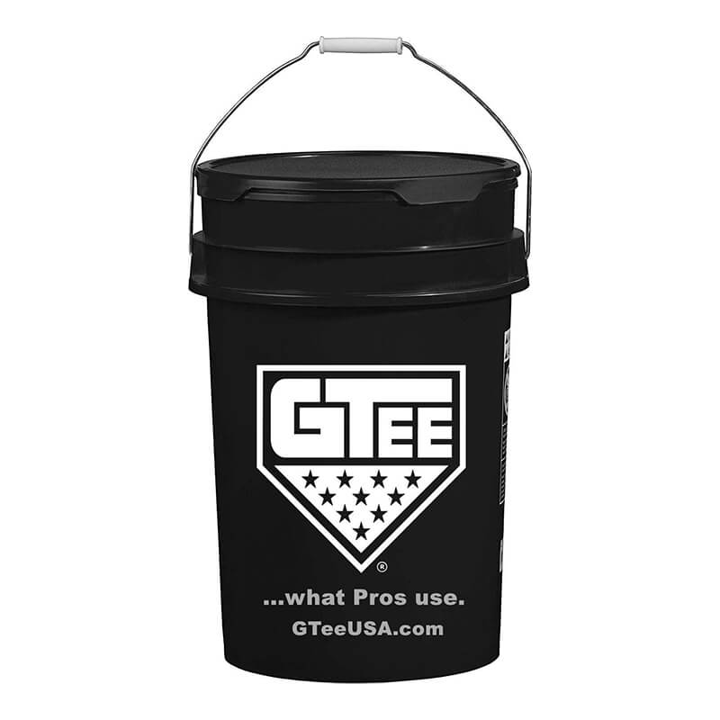 A black six gallon G Tee bucket with a lid and metal handle.