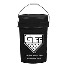 A black six gallon G Tee bucket with a lid and metal handle.
