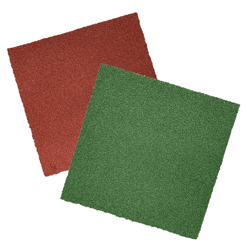 A clay coloured mat and a green mat overlapping on a black background.