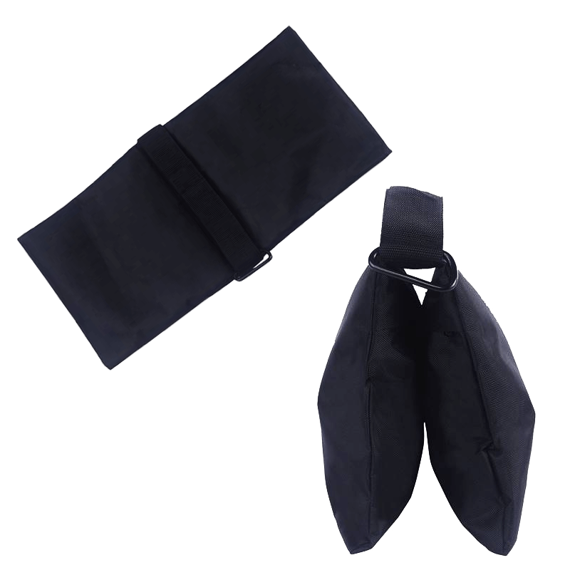 A folded black sand bag beside a second bag laid open.
