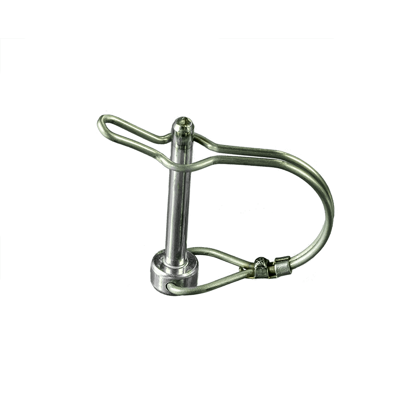 A stainless steel lock pin with a looped wire handle, on a black background.