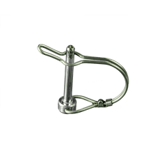A stainless steel lock pin with a looped wire handle, on a black background.