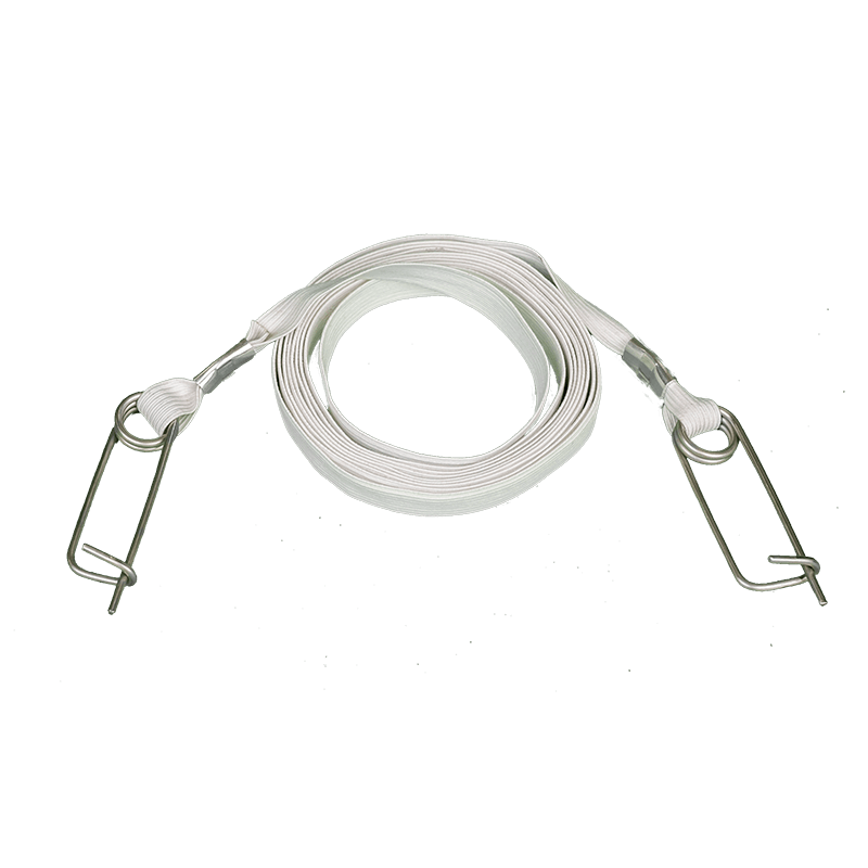 A coiled white pitching string with metal clips at each end.