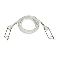 A coiled white pitching string with metal clips at each end.