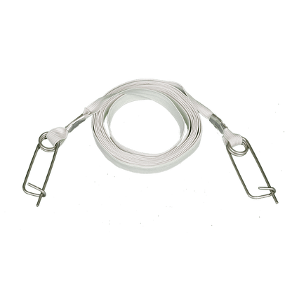A coiled white pitching string with metal clips at each end.