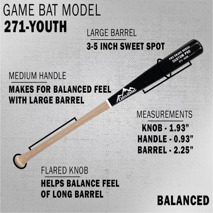 Diagram of the CamWood 271 Youth game bat labeling the large barrel, medium handle, flared knob and measurements